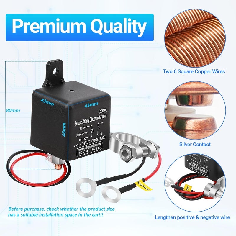FEITON DC12V 200A Remote Battery Disconnect Switch Kill Switch with Black Negative Wire for Car Truck Anti-Theft Prevent Battery Drain Battery Switch Isolator (360A Starting Current) - Image 4